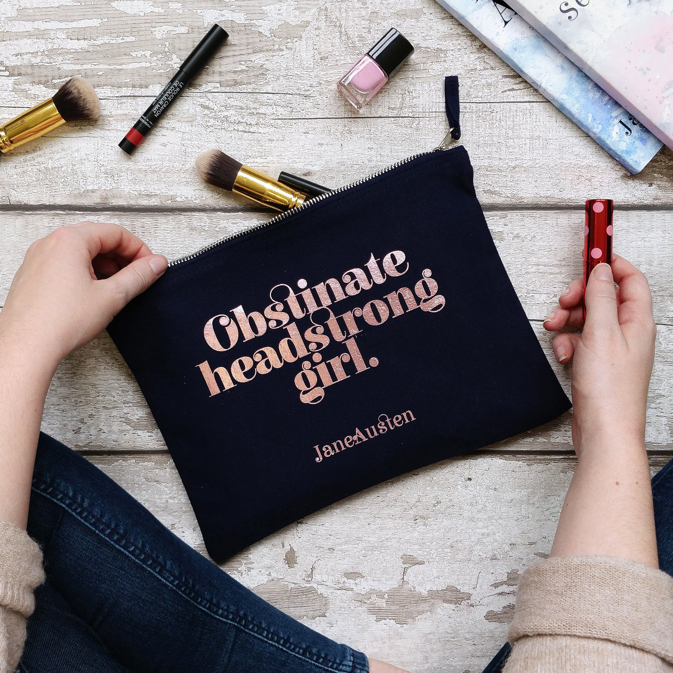 bookish accessories obstinate headstrong girl navy and rose gold make up bag