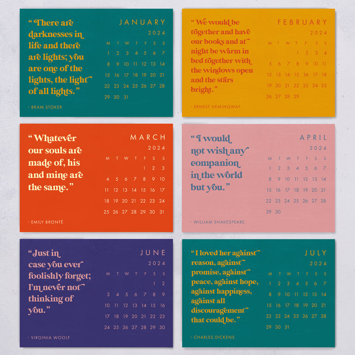 Romantics lines from Classic Literature. Romantic 2024 calendar. Bright colourful new year calendar. Featuring lines from William Shakespeare, Jane Austen, The Bronte Sisters, Virginia Woolf. Perfect for book lovers, bookworms, bibliophiles and readers.