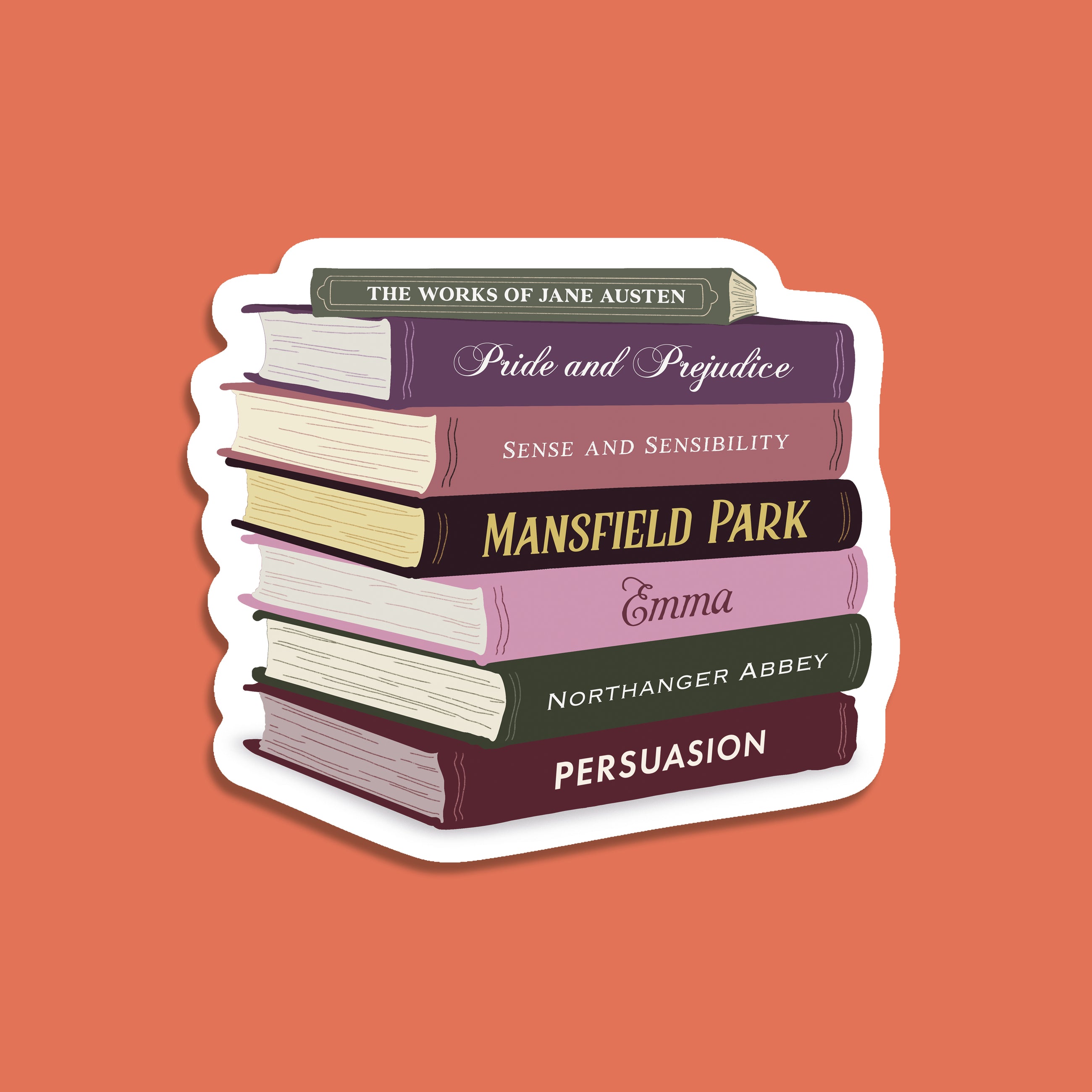Die-cut sticker showing a colourful stack of Jane Austen book spines, including Pride and Prejudice, Emma, and Sense and Sensibility