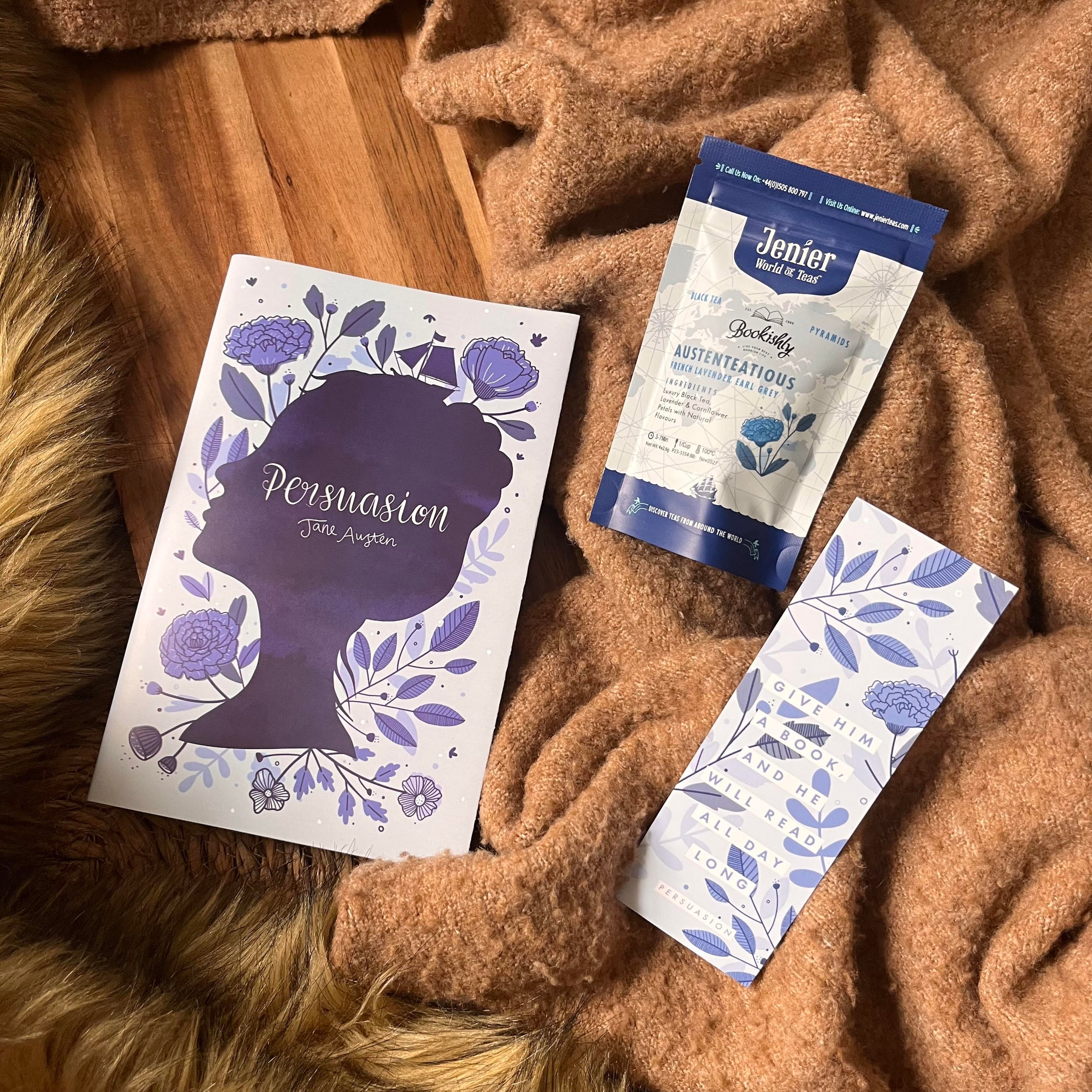 Bookishly edition of Persuasion by Jane Austen with a violet floral cover, paired with Austenteatious tea and a quote bookmark – part of the monthly rolling classic book subscription.