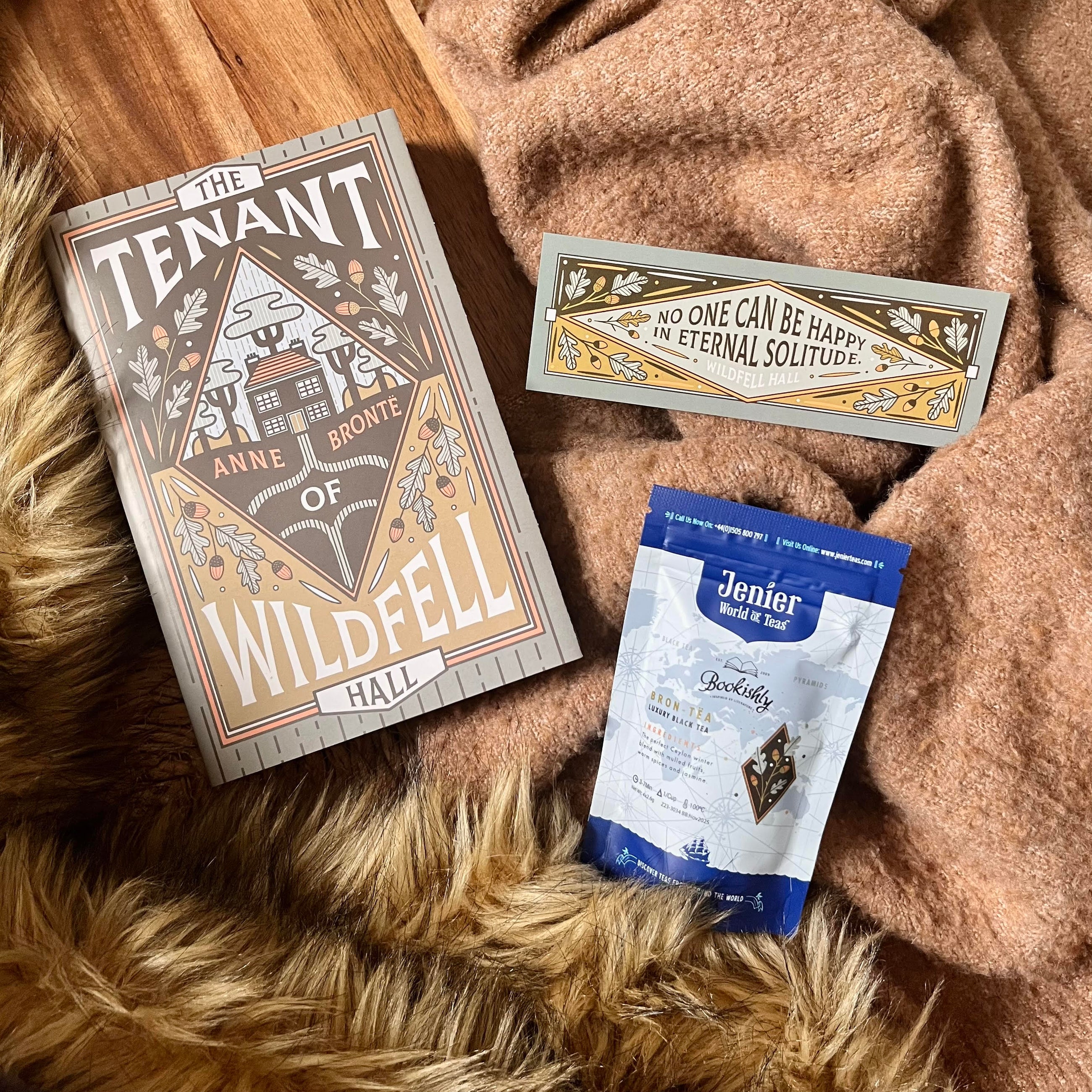 Cosy book subscription with The Tenant of Wildfell Hall – classic novel, coffee sachet and faux-fur background for winter gifting