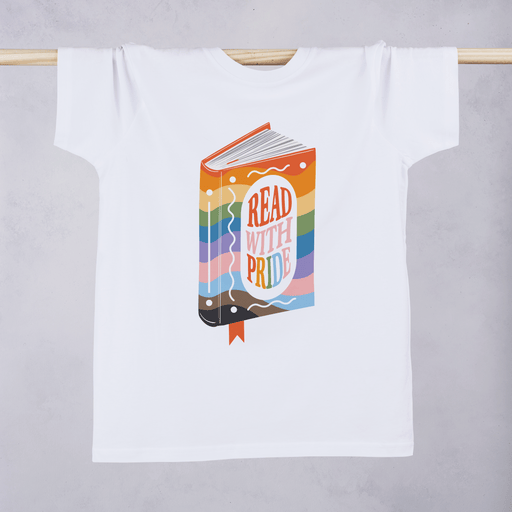 Read with Pride white cotton tshirt featuring a colourful book illustration. Get ready for PRIDE. Pride outfit. Bookworm and queer.