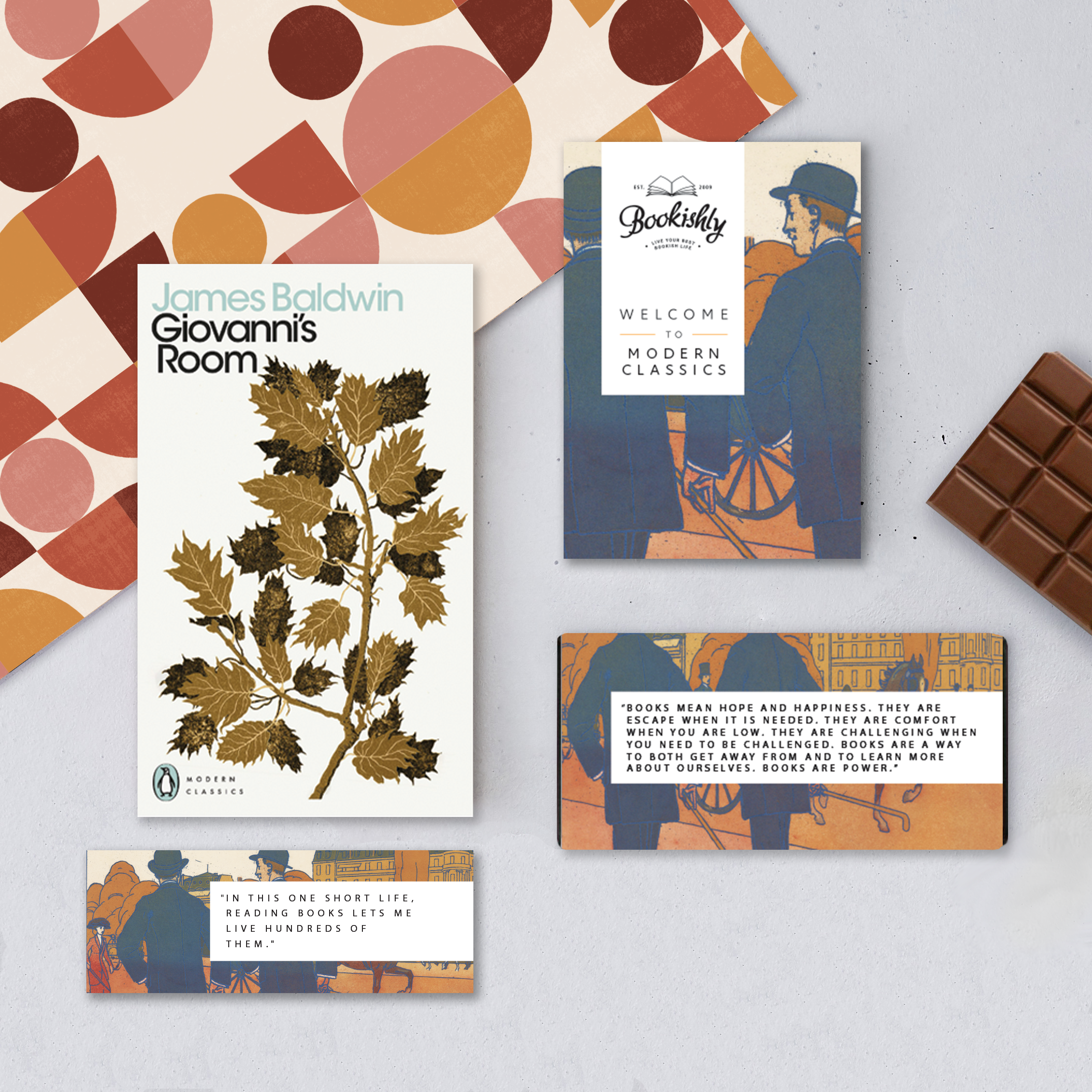 Modern Classics book and luxury chocolate subscription. The perfect gift for book lovers, bookworms, bibliophiles and readers. Modern Classic Literature. Starting with Giovanni's Room by James Baldwin.