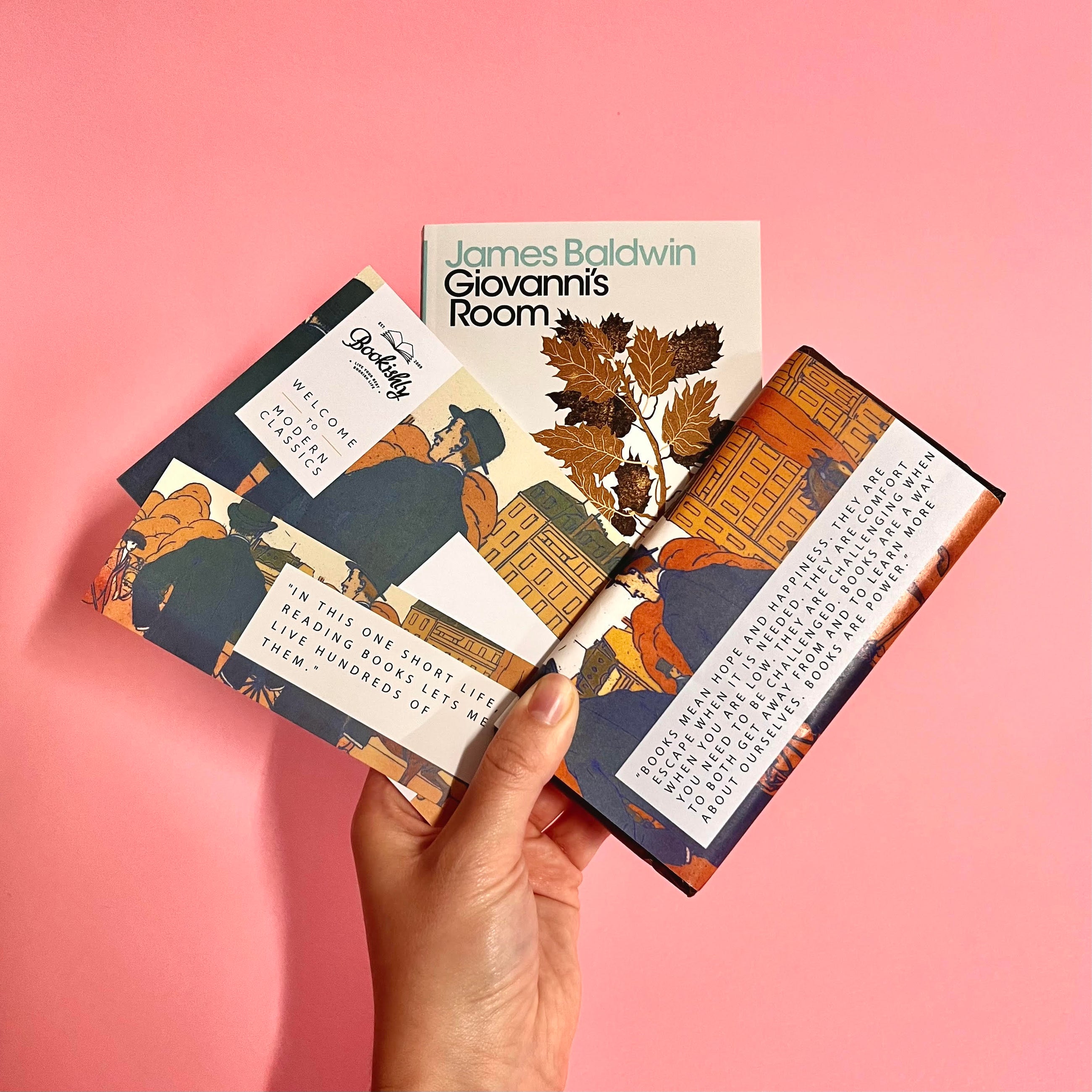 Modern Classics book and luxury chocolate subscription. The perfect gift for book lovers, bookworms, bibliophiles and readers. Modern Classic Literature. Starting with Giovanni's Room by James Baldwin.