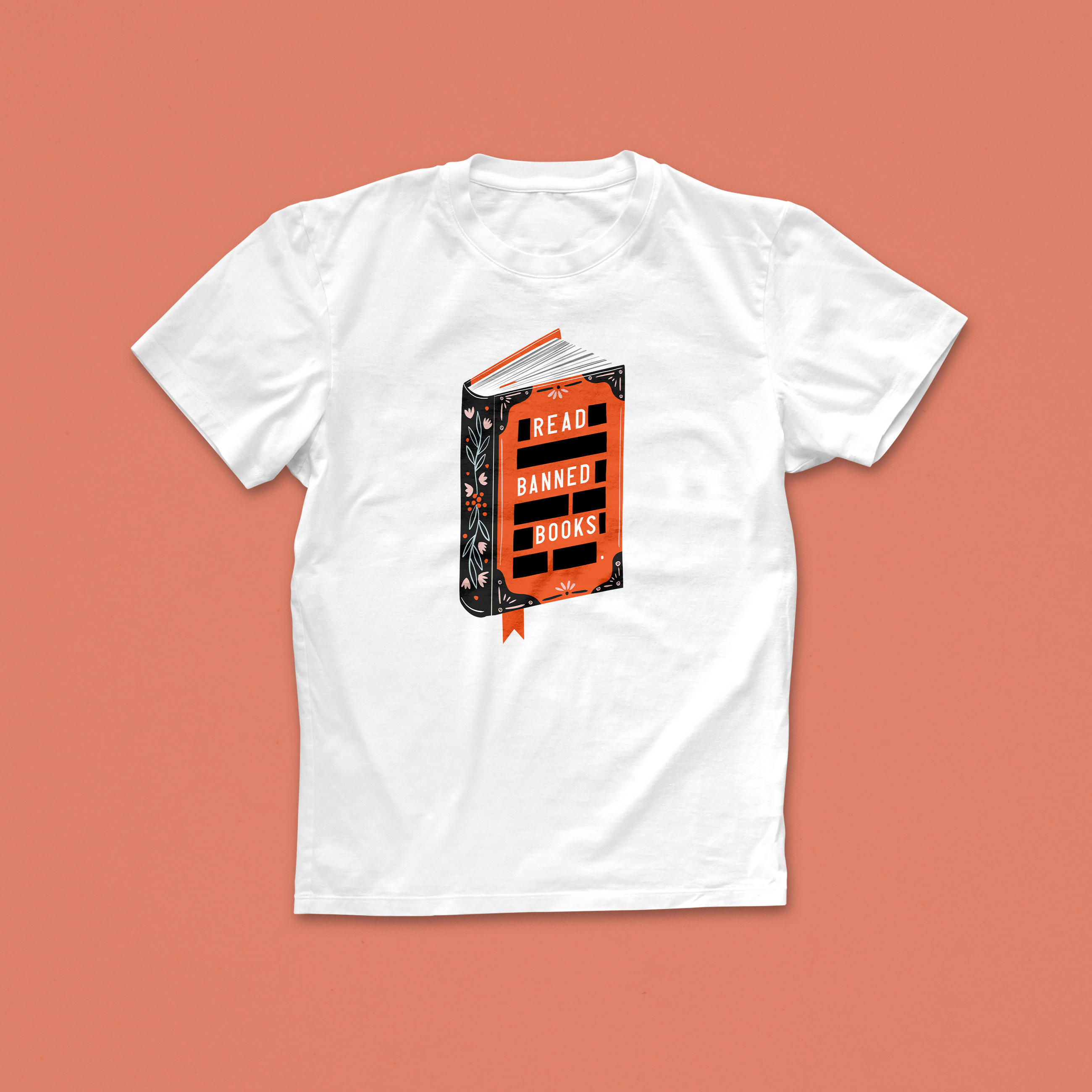 Read Banned Books T-shirt with illustrated book wrapped in orange censorship tape and floral details, designed for literary activists and book lovers