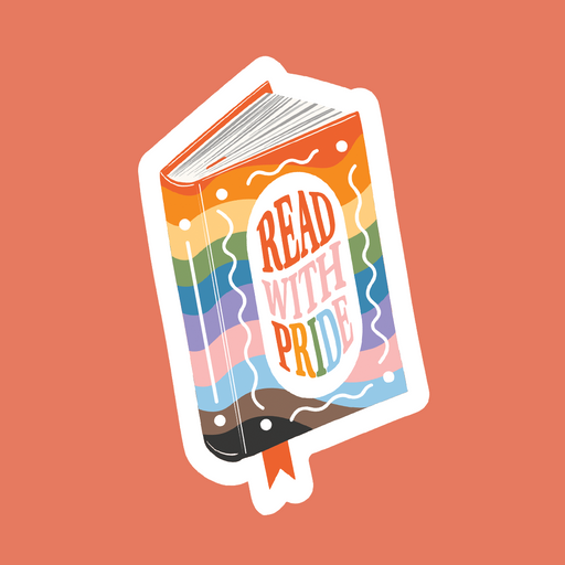 Large Vinyl sticker in the shape of a book with multicoloured font staying 'read with pride'. Pride Month, Book Shops, Queer Books, Pride Merch, Literary Merch, Bookstore Sidelines, Queer Authors, LGBT, LGBT+ LGBTQIA+