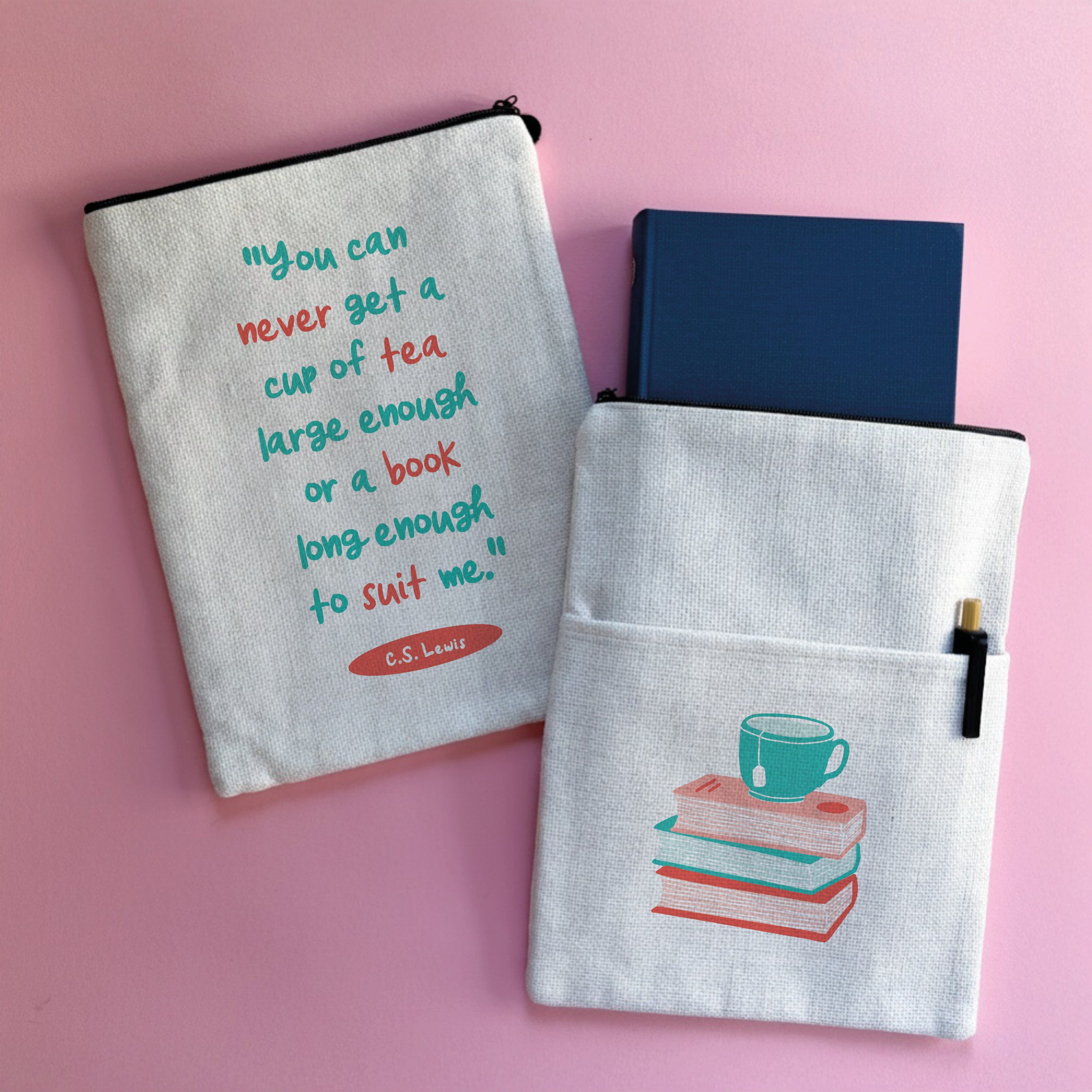 Tea and books book sleeve with C.S. Lewis quote on natural fabric