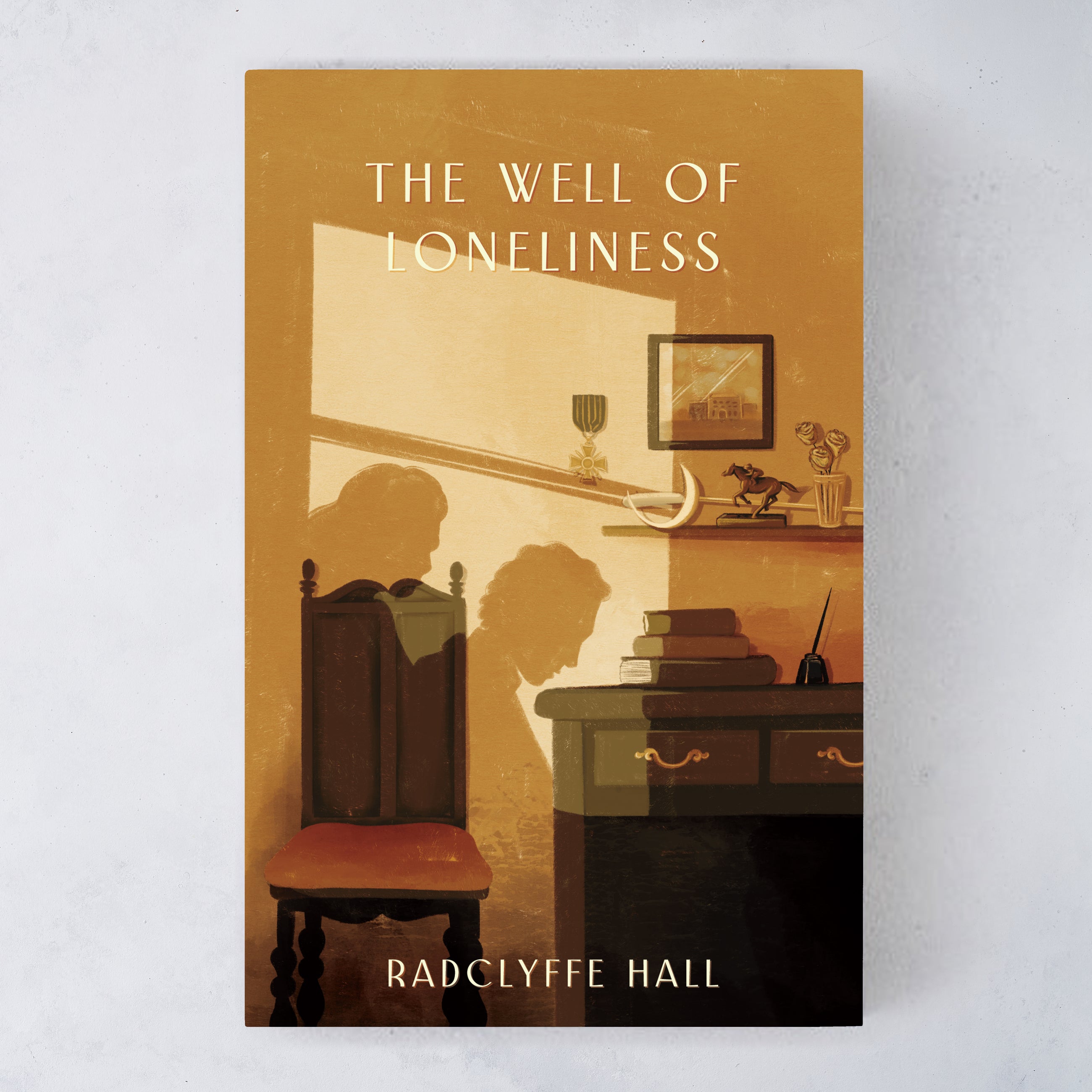 A copy of the book The Well of Loneliness by Radclyffe Hall with an illustrated dust jacket.