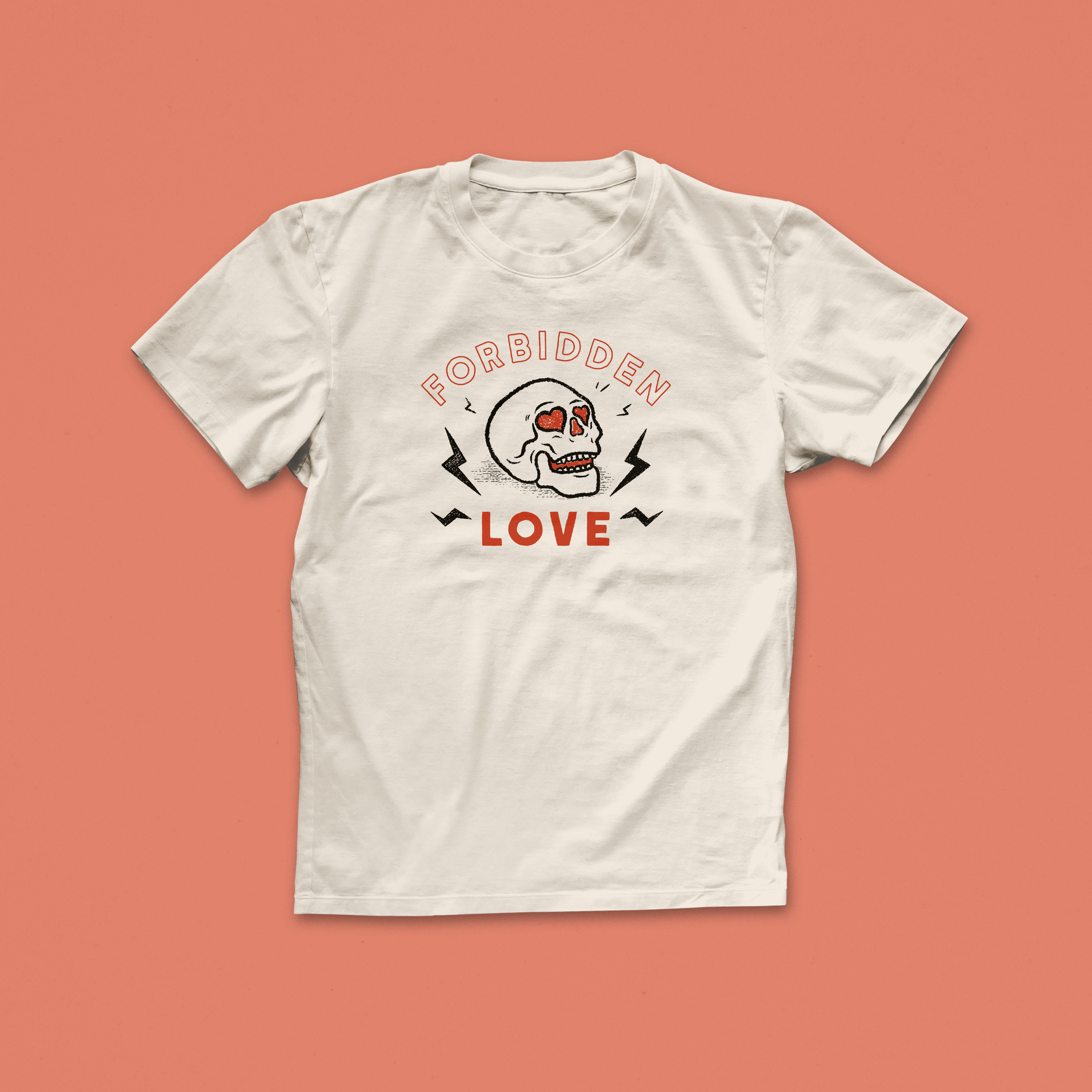 Forbidden Love T-shirt with hand-drawn skull and heart eyes, red and black lettering, and lightning bolts – a gothic romance tee for book lovers