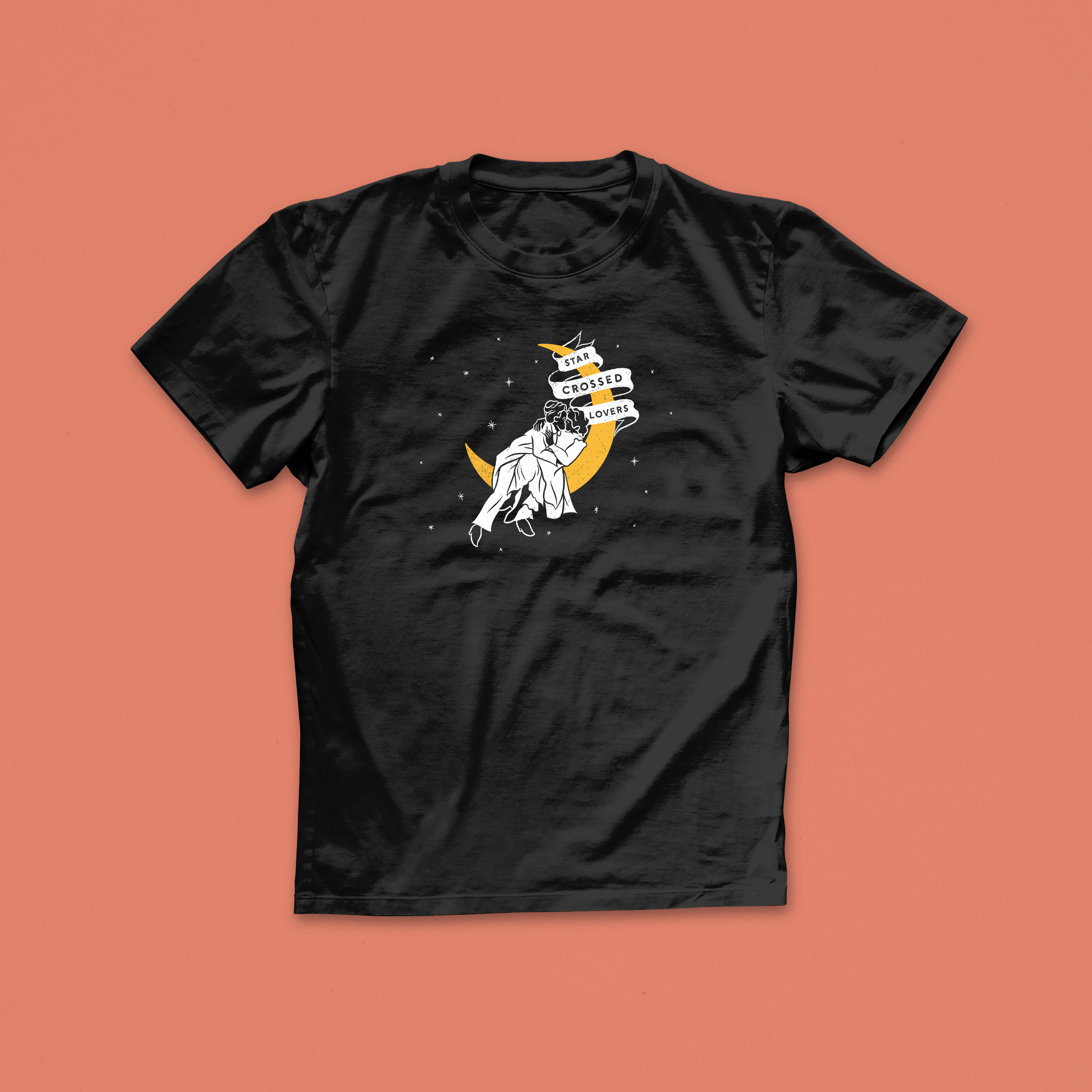 Star-Crossed Lovers T-shirt with vintage illustrated couple, crescent moon, and ribbon text on a black tee – perfect for romantic book lovers