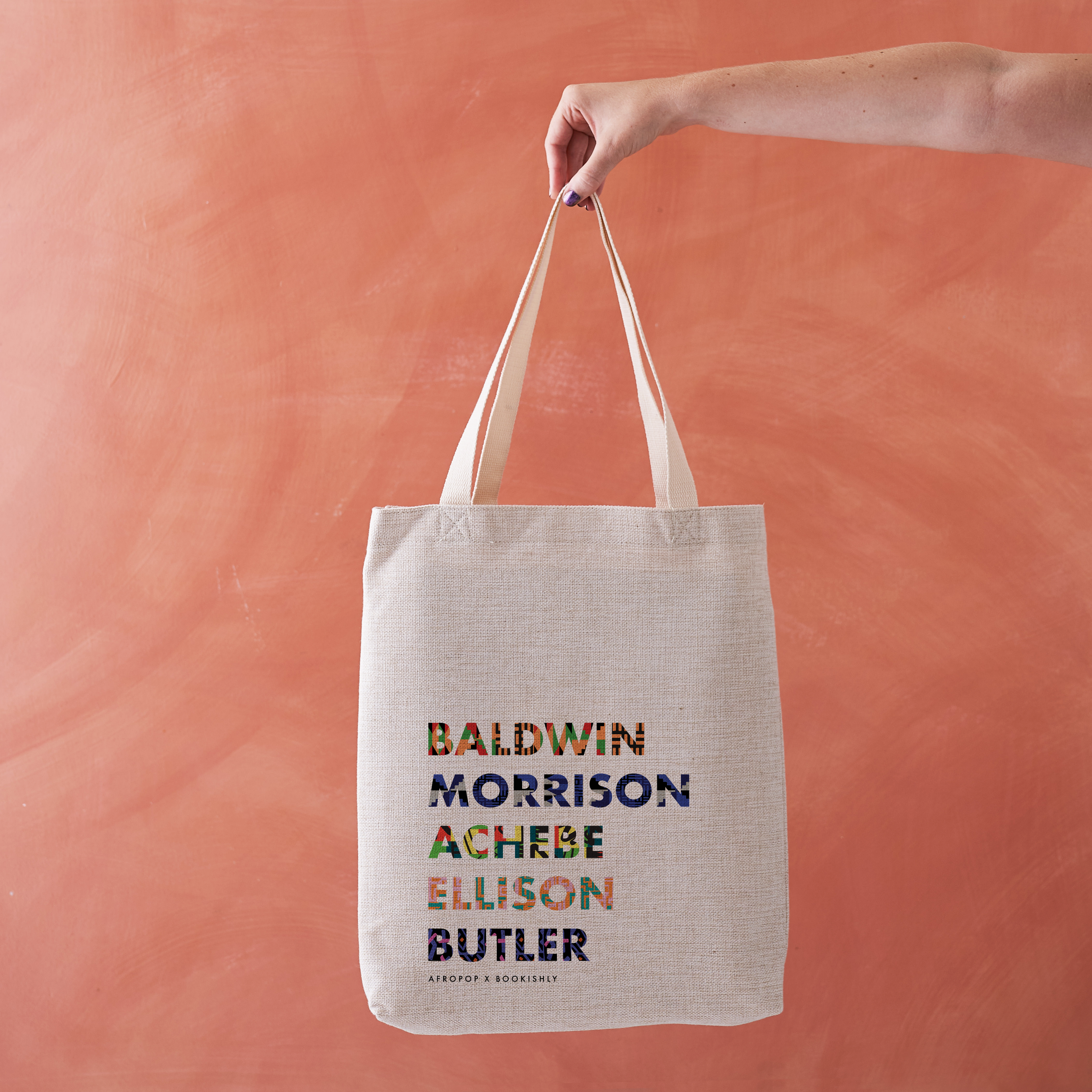 List of Black Authors tote bag, designed in collaboration with Afropop. Featuring block text with patterns inspired by African Heritage. Gifts for Book lover, bookworms, readers and bibliophiles. In support of black history month.