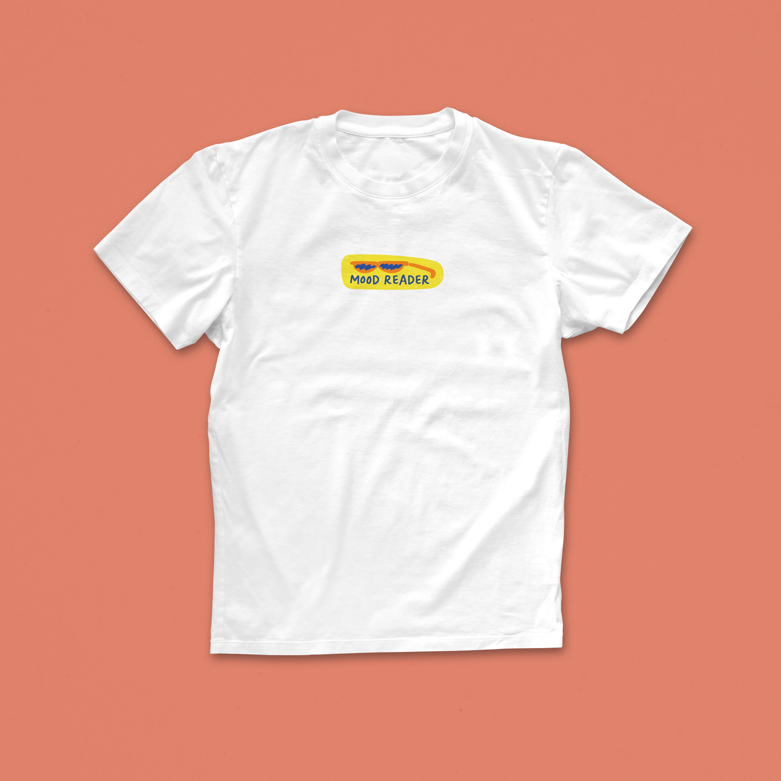 Mood Reader T-shirt with colourful retro-style mood ring illustration and playful bookish slogan on a white shirt