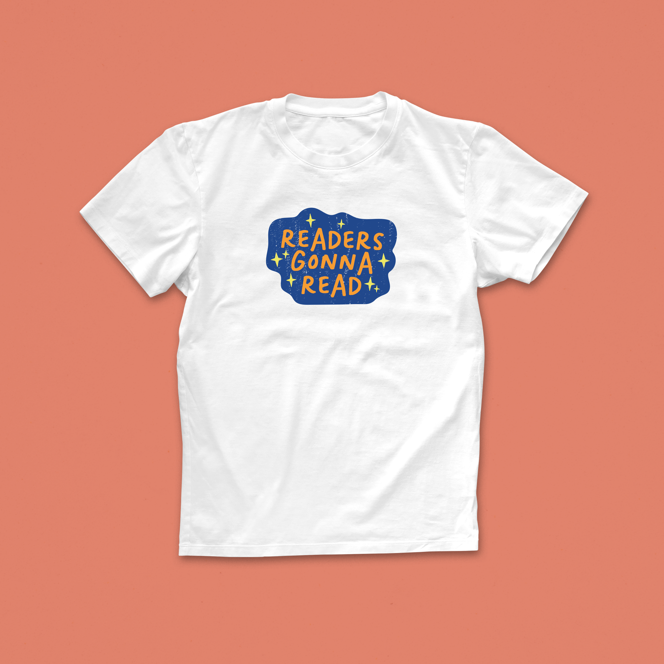Readers Gonna Read T-shirt with bold orange and blue hand-lettered design and sparkles, perfect for book lovers and readers with attitude