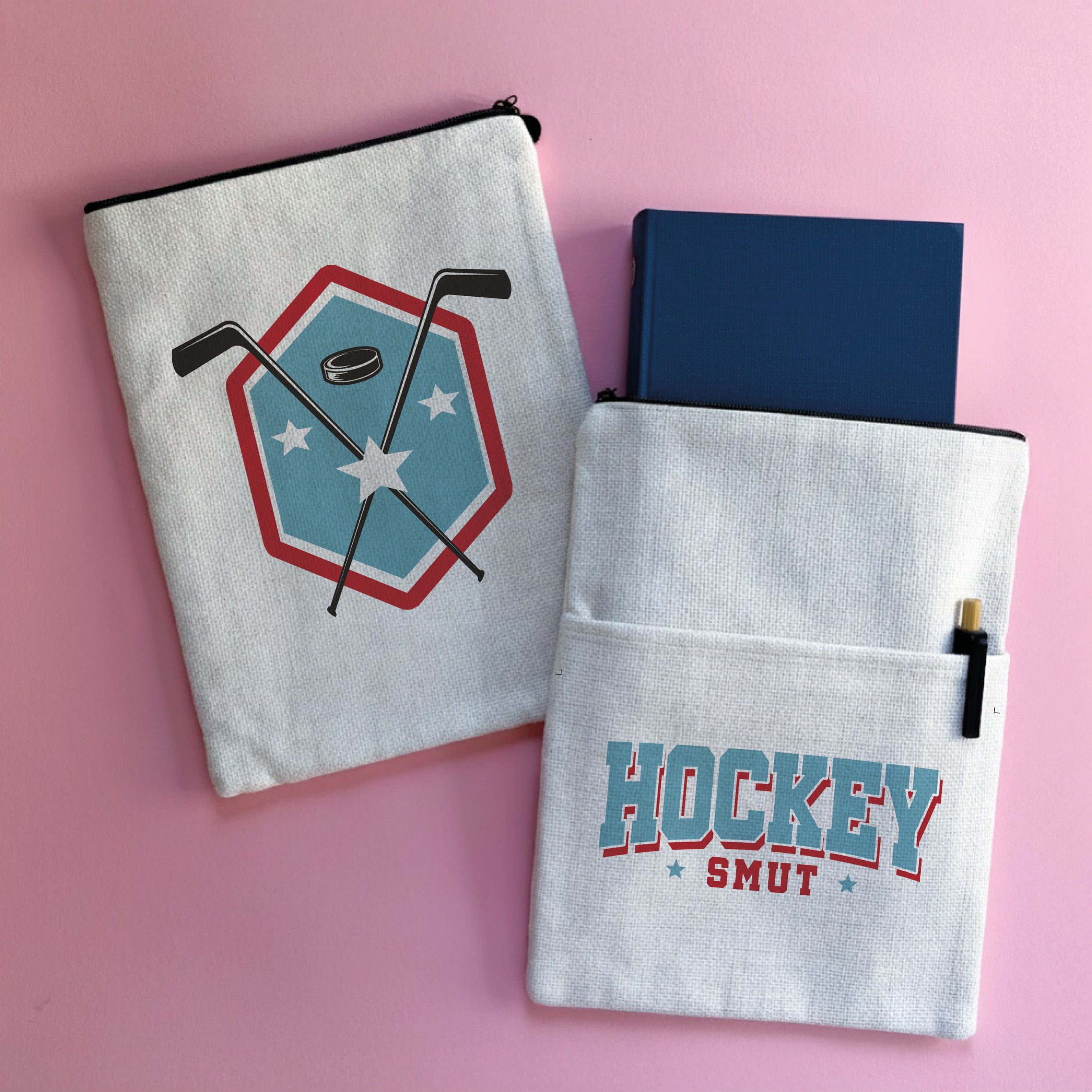 Hockey smut book sleeve with sports style text on natural fabric