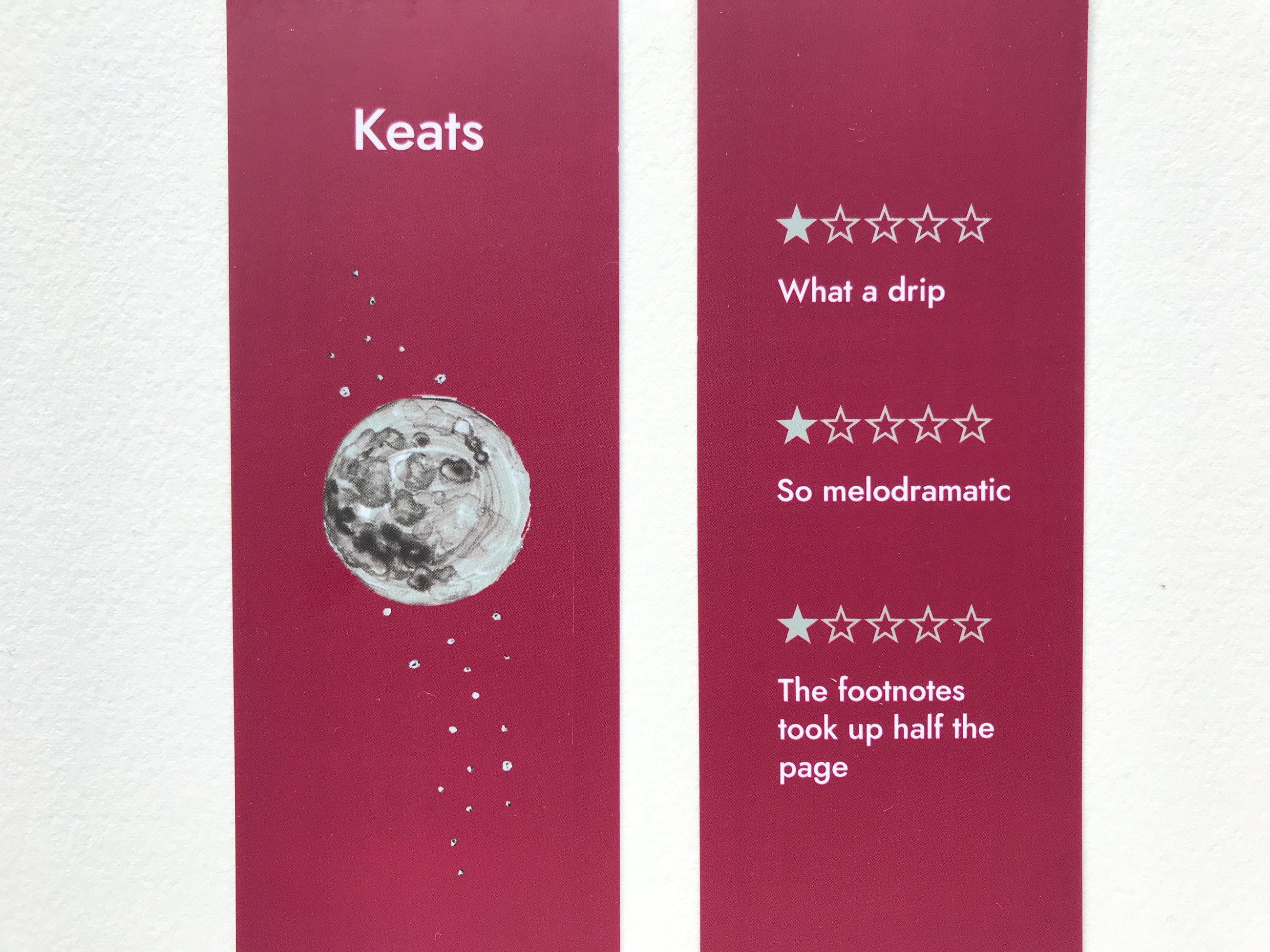 Funny Keats poetry bookmark with one star review design