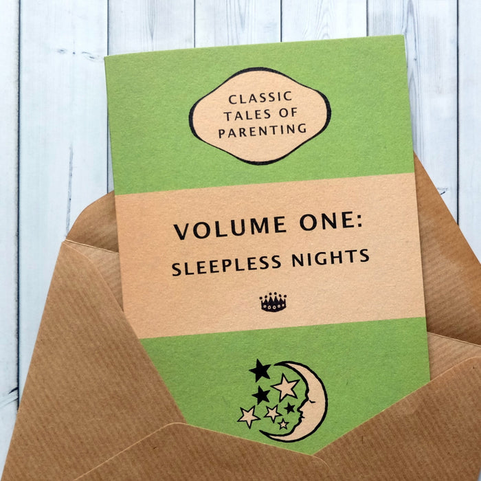 New Baby Card "Volume One: Sleepless Nights" - Green Book Cover Design