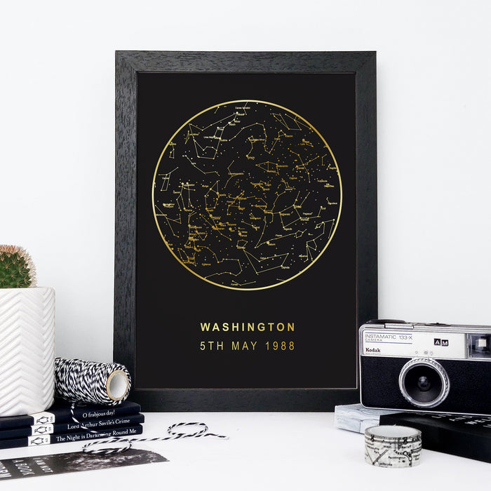 Bookishly. Black and gold foil star map print personalised night sky art. A unique wedding gift, newborn baby present, proposal or congratulations gift! Memorable moment gifts. Gift for them. Gift for couples. Gift for new parents.