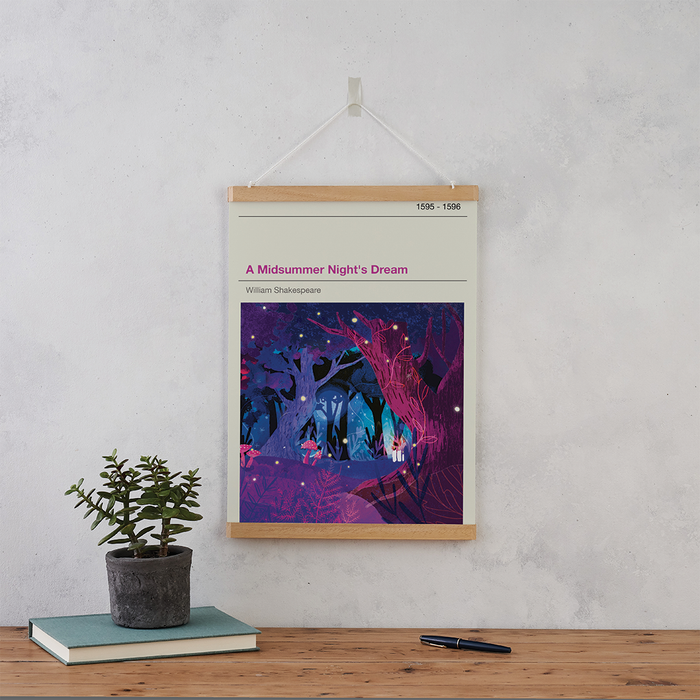 A Midsummer Nights Dream exclusive Bookishly cover print illustration in collaboration with Law and Moore design. Wooden frame hanging.