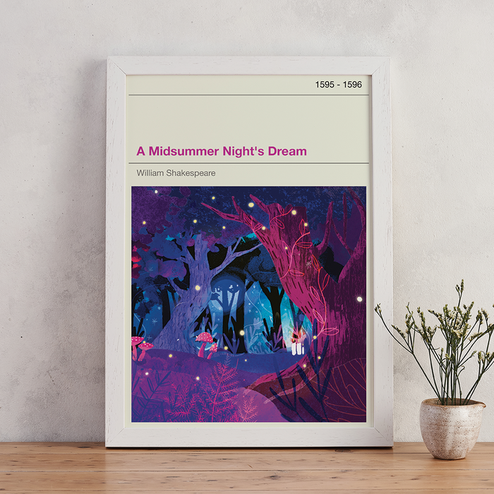 A Midsummer Nights Dream exclusive Bookishly cover print illustration in collaboration with Law and Moore design. White Frame.