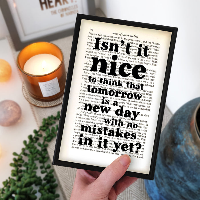 Anne of Green Gables gift. Tomorrow is a new day with no mistakes in it. New beginnings gift. Book page art. Home decor for readers. Perfect for book lovers, bookworms, bibliophiles and readers.