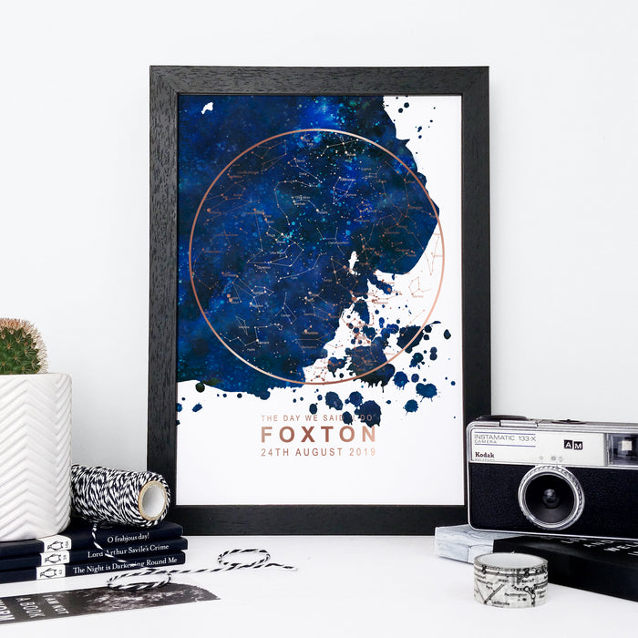 Bookishly. Blue and gold foil star map print personalised night sky art. A unique wedding gift, newborn baby present, proposal or congratulations gift! Memorable moment gifts. Gift for them. Gift for couples. Gift for new parents.