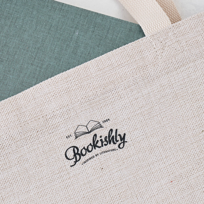 Bookishly logo printed onto the back of a tote bag.