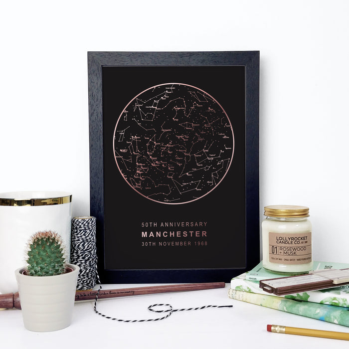 Bookishly. Blacl and gold foil star map print personalised night sky art. A unique wedding gift, newborn baby present, proposal or congratulations gift! Memorable moment gifts. Gift for them. Gift for couples. Gift for new parents.