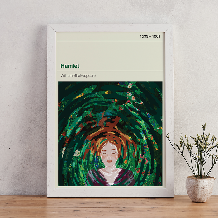 Hamlet's exclusive Bookishly cover print illustration in collaboration with Law and Moore design. White Frame.