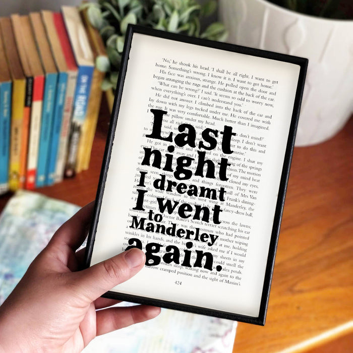 famous Rebecca quotes - the literary classic from Daphne du Maurier. “Last night I dreamt I went to Manderley again.”. Home decor for readers. Perfect for book lovers, bookworms, bibliophiles and readers.
