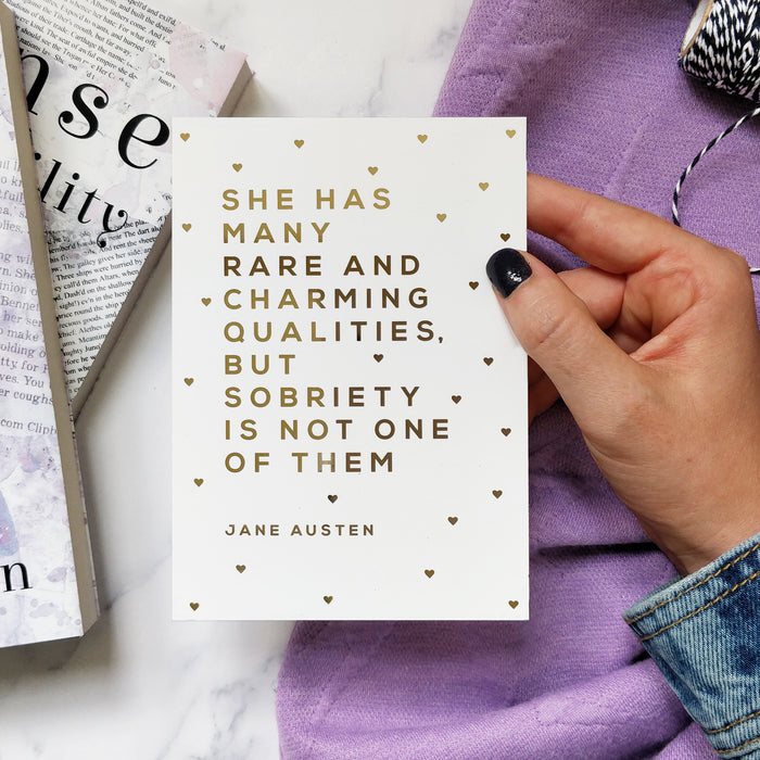 Mothers Day Card. Happy Mothers Day. Gift card for her. Gifts for her. 'she has many rare and charming qualities but sobriety is not one of them'. Gold Foil funny best friend card