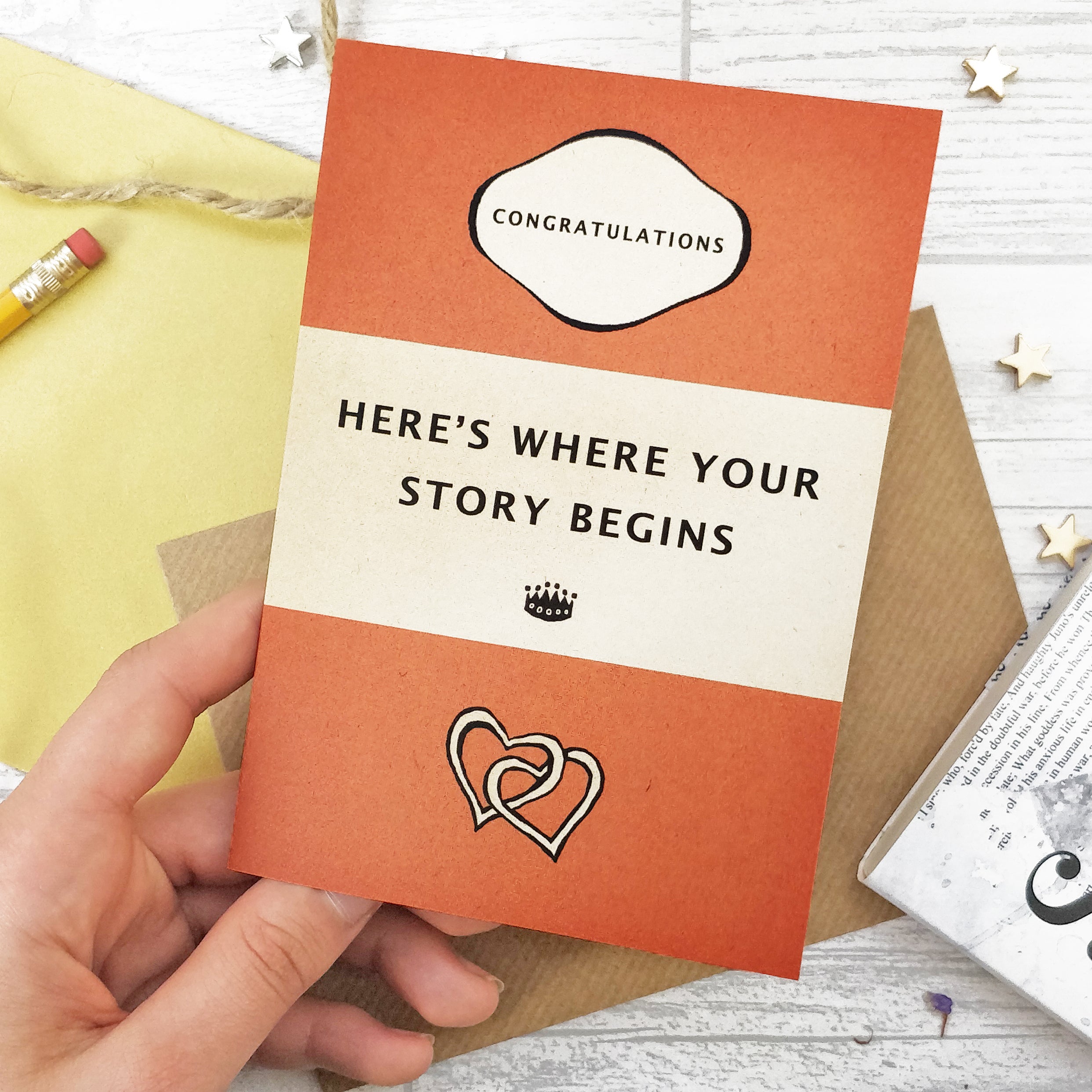 Wedding Card "Here's Where Your Story Begins" Orange Book Cover Card