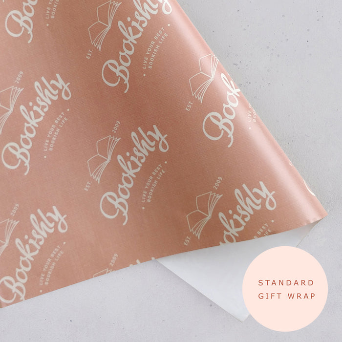 Standard Gift wrap paper with Bookishly logo on terracotta colour background.