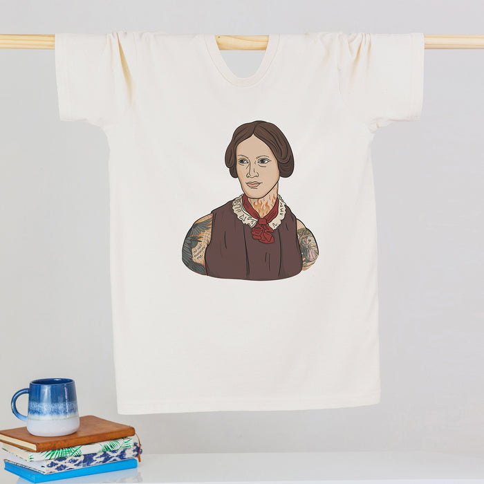 Charlotte Bronte with Tattoos t shirt by Bookishly. Gifts for classic literature loves.