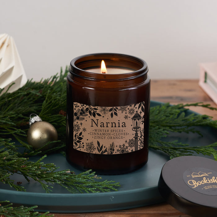 Luxury Vegan Candle. Soy wax Candle. Bookish Candle. Amber apothecary style jar. Apothecary. Hand Poured Signature Candle. Natural soy wax. Classic Literature. Narnia. Childhood Classic. The Chronicles of Narnia. 