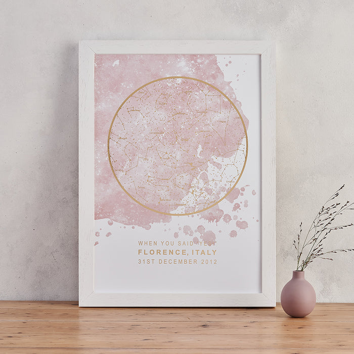 Bookishly. Pink and gold foil star map print personalised night sky art. A unique wedding gift, newborn baby present, proposal or congratulations gift! Memorable moment gifts. Gift for them. Gift for couples. Gift for new parents.