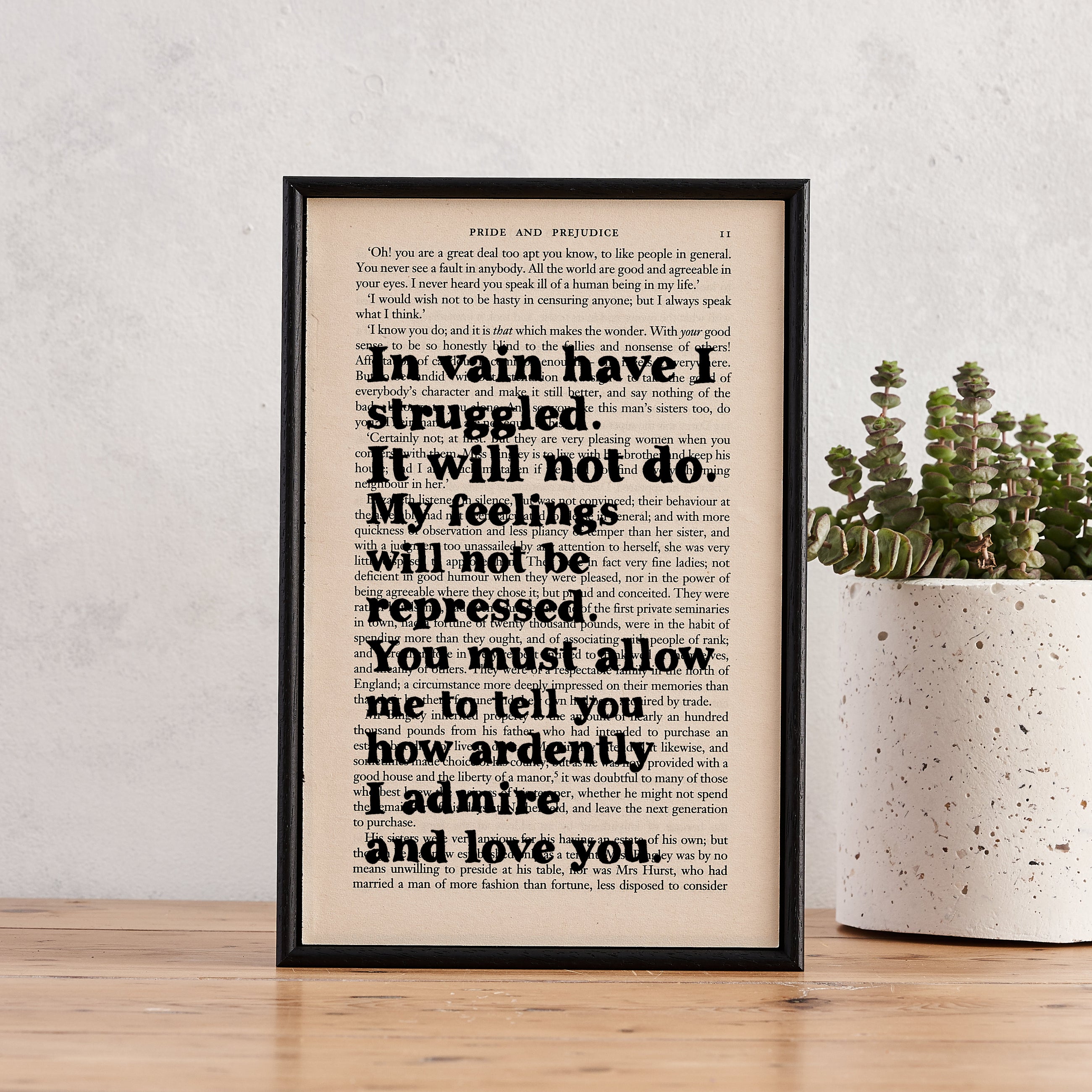 Romantic quote from classic Literature. Pride and Prejudice romantic quote. I admire and love you. Home decor for readers. Perfect for book lovers, bookworms, bibliophiles and readers.