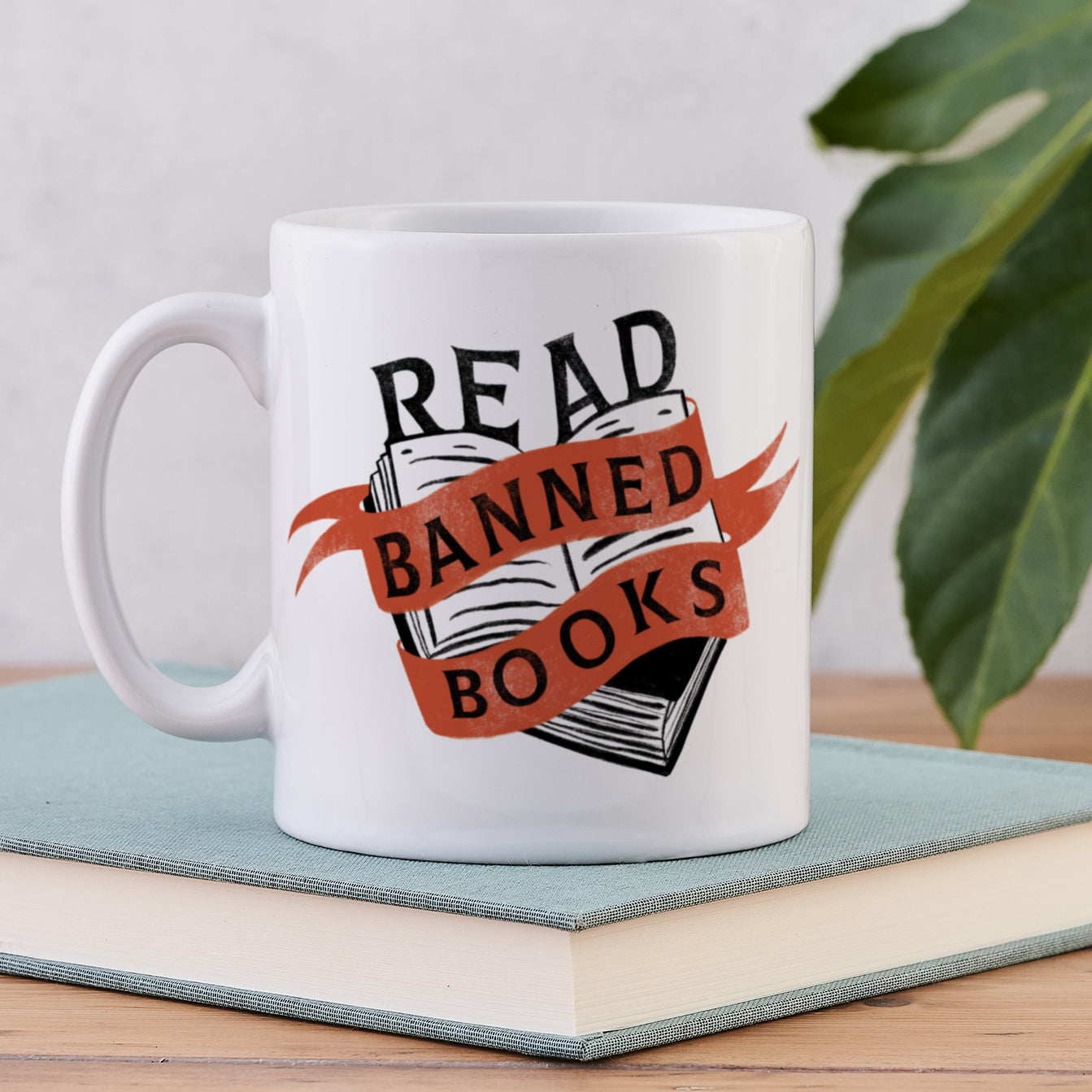 read banned books motif mug