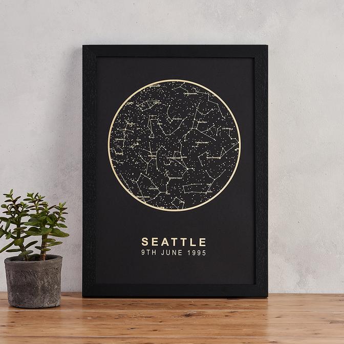 personalised framed star map navy and gold foil constellation date print