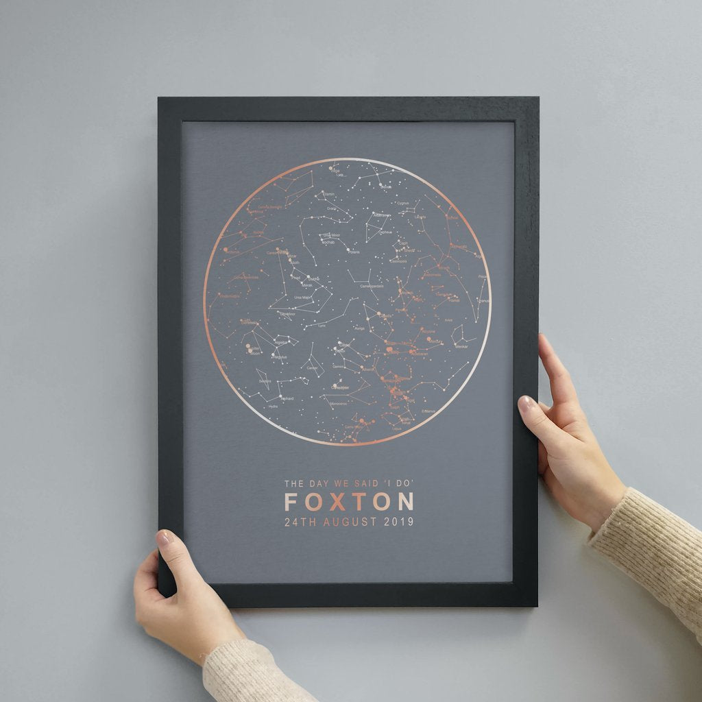 star map personalised to show the night sky with gold or copper foil