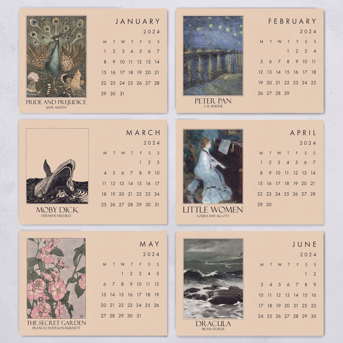 2024 Classic Literature Art Postcard Calendar with Wooden Holder