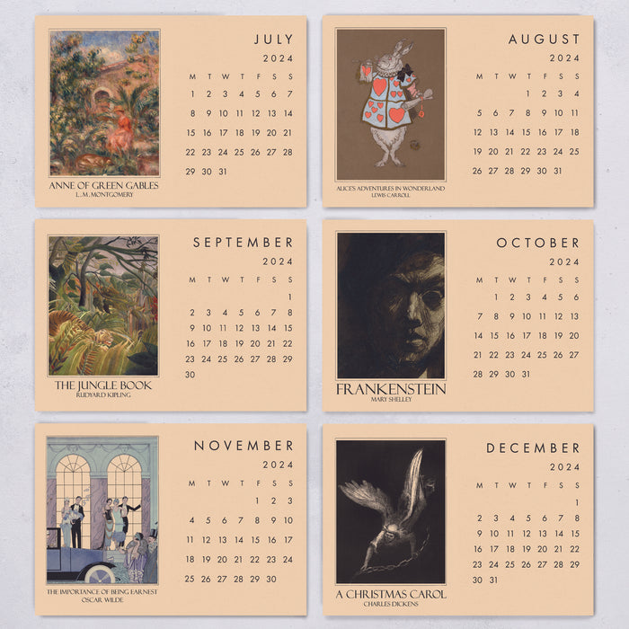 2024 Classic Literature Art Calendar. Postcard calendar for book lover, bookworms, bibliophile, readers and artists.