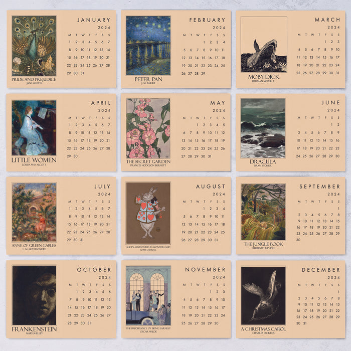 2024 Classic Literature Art Calendar. Postcard calendar for book lover, bookworms, bibliophile, readers and artists.