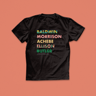 Black Authors T-shirt with bold, colourful patterned names of Baldwin, Morrison, Achebe, Ellison, and Butler on a black tee, part of Afropop x Bookishly collab