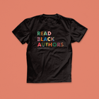 Read Black Authors T-shirt in bold African print-inspired lettering on black fabric, from the Afropop x Bookishly collaboration