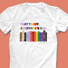 "Plot Twist: Everyone’s Gay" T-shirt with rainbow books illustration and colourful text, designed for LGBTQ+ book lovers