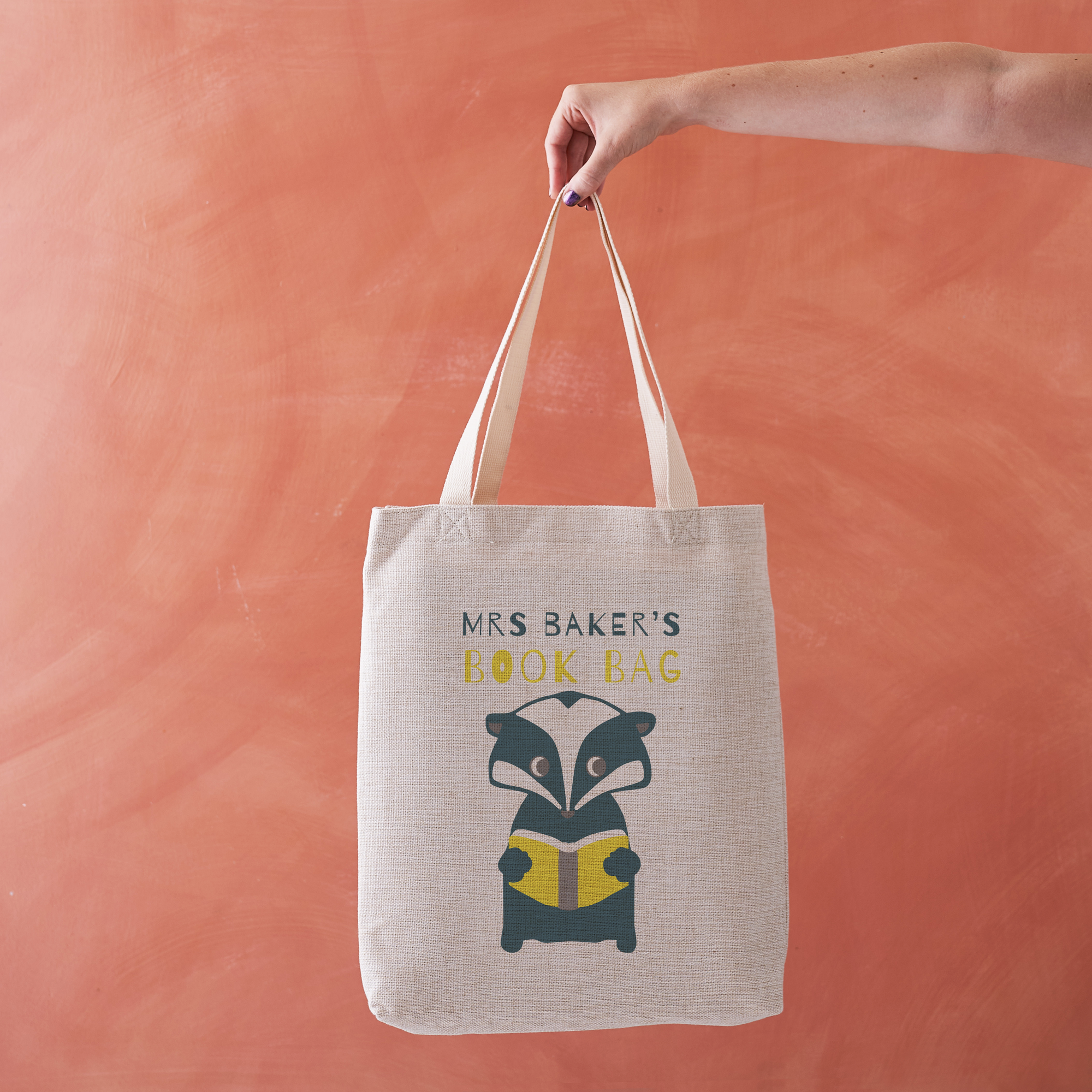 Personalised Teacher Book Bag Tote with Cute Badger Illustration