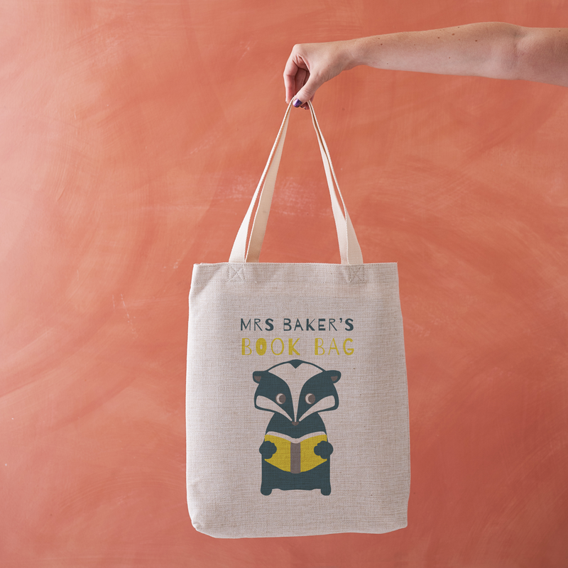 Personalised Teacher Book Bag Tote with Cute Badger Illustration