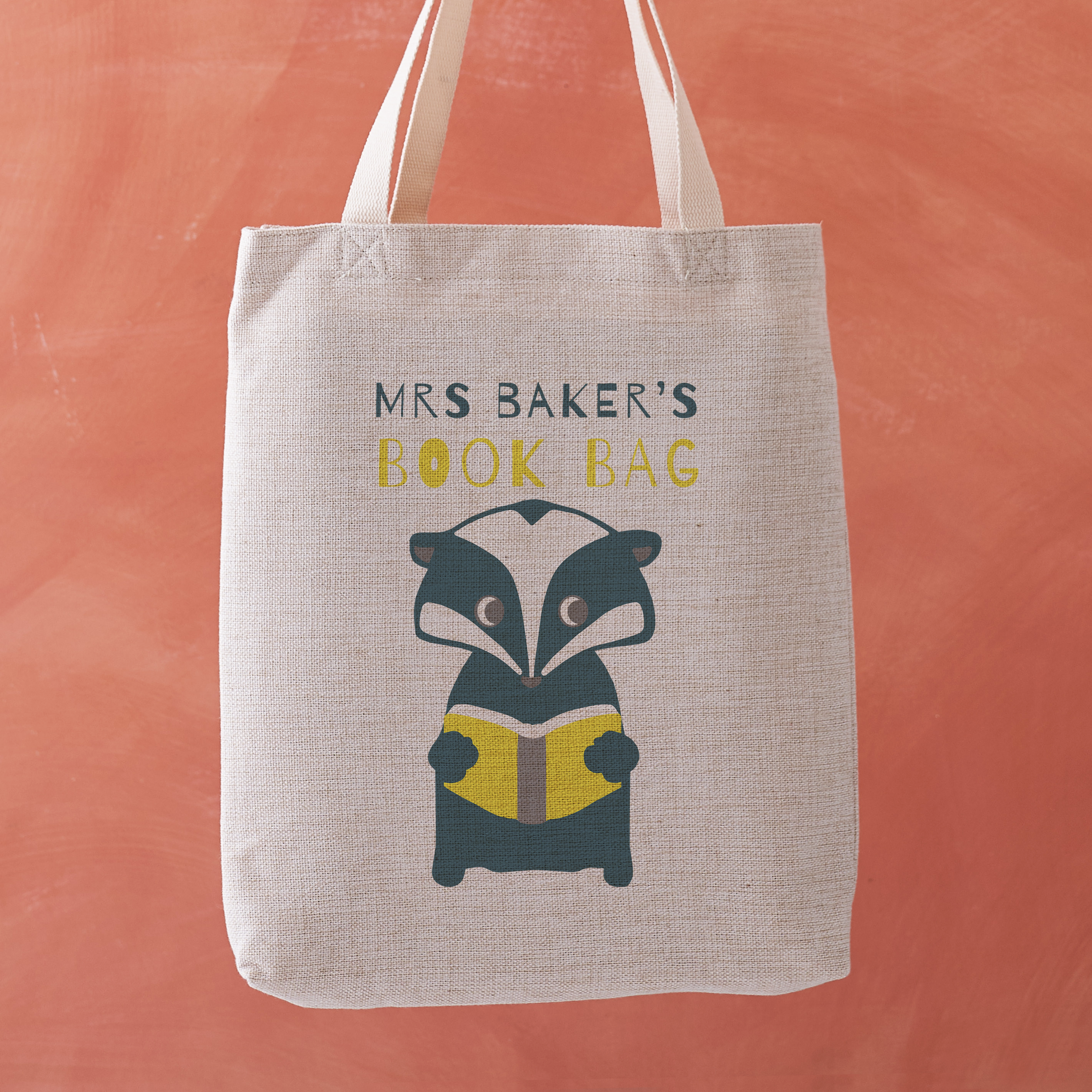 Personalised Teacher Book Bag Tote with Cute Badger Illustration