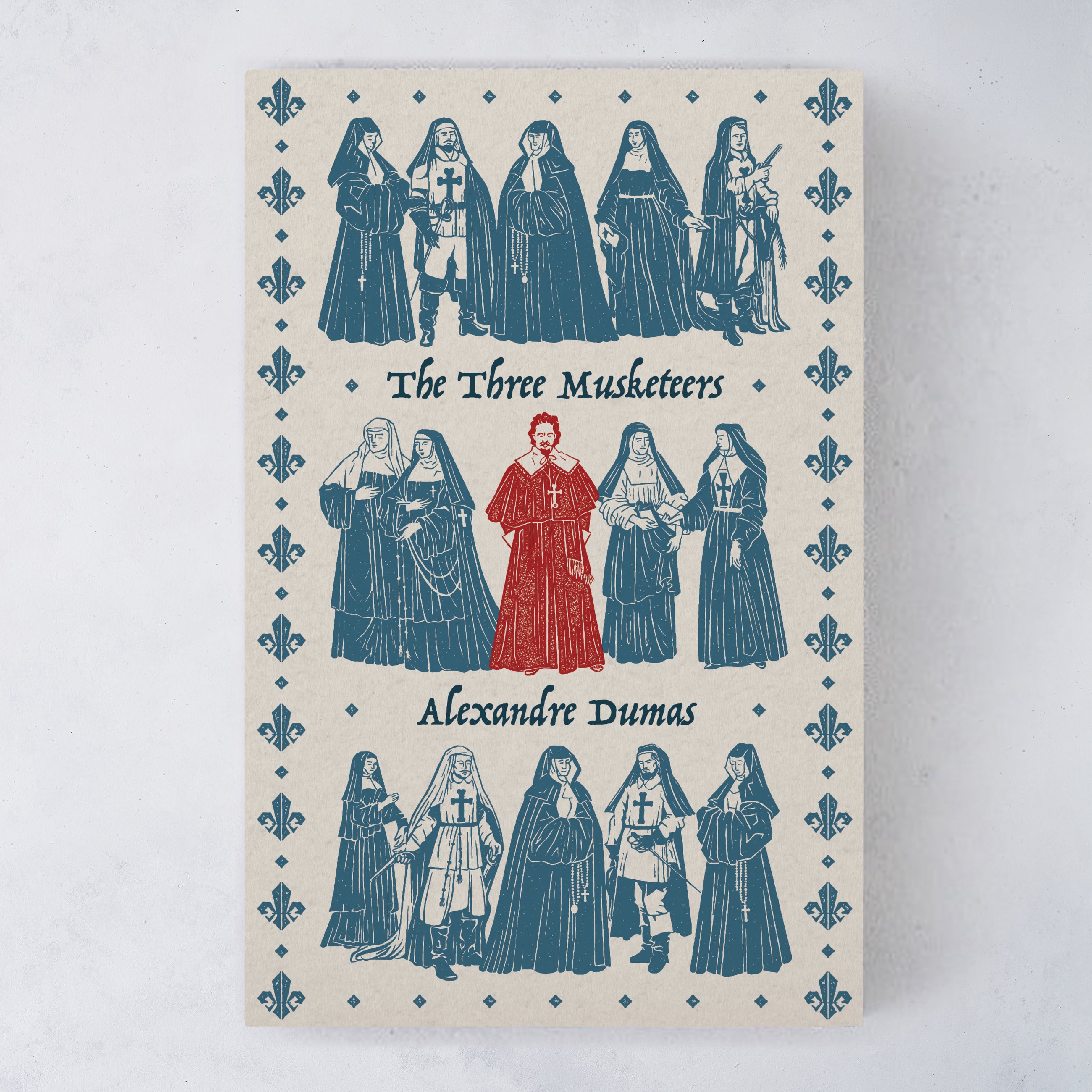 Book cover of 'The Three Musketeers' with illustrations of characters on a decorative background.