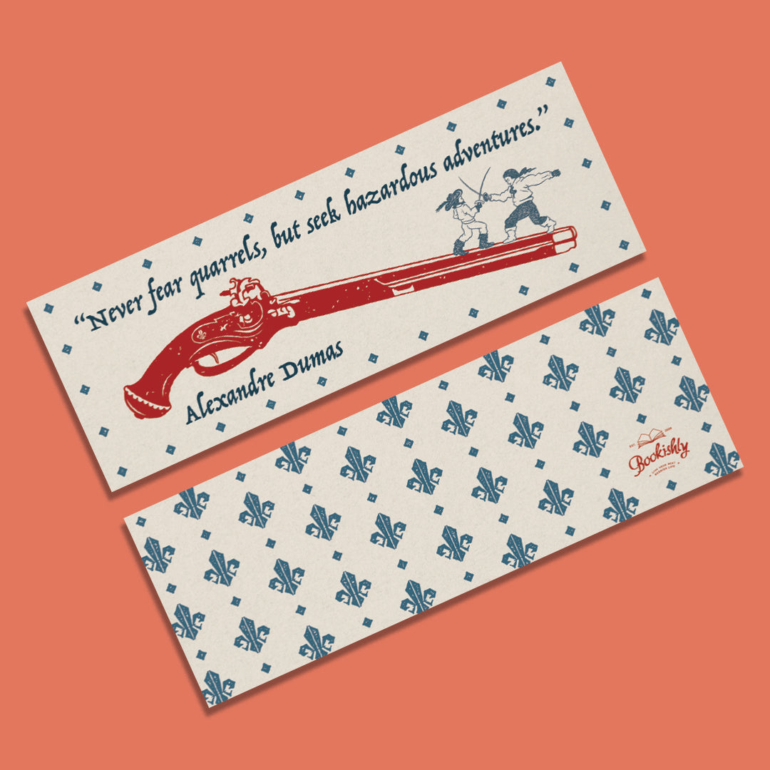 A double sided bookmark with a quote from The Three Musketeers.